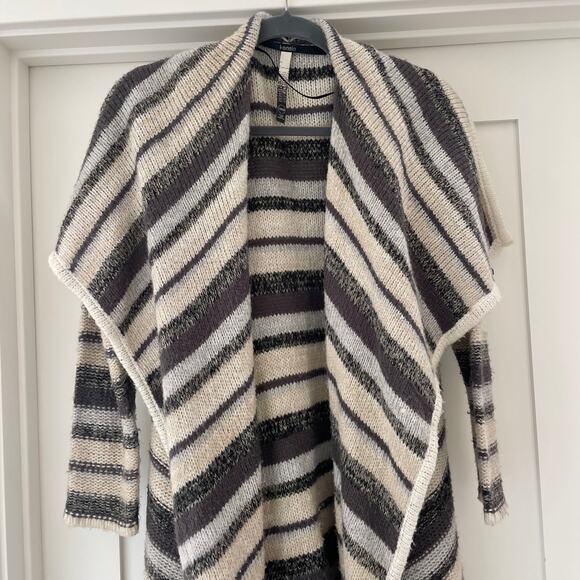 Kensie Gray Striped Boho Oversized Open Collar Long Cardigan Sweater XS/S - Picture 2 of 6